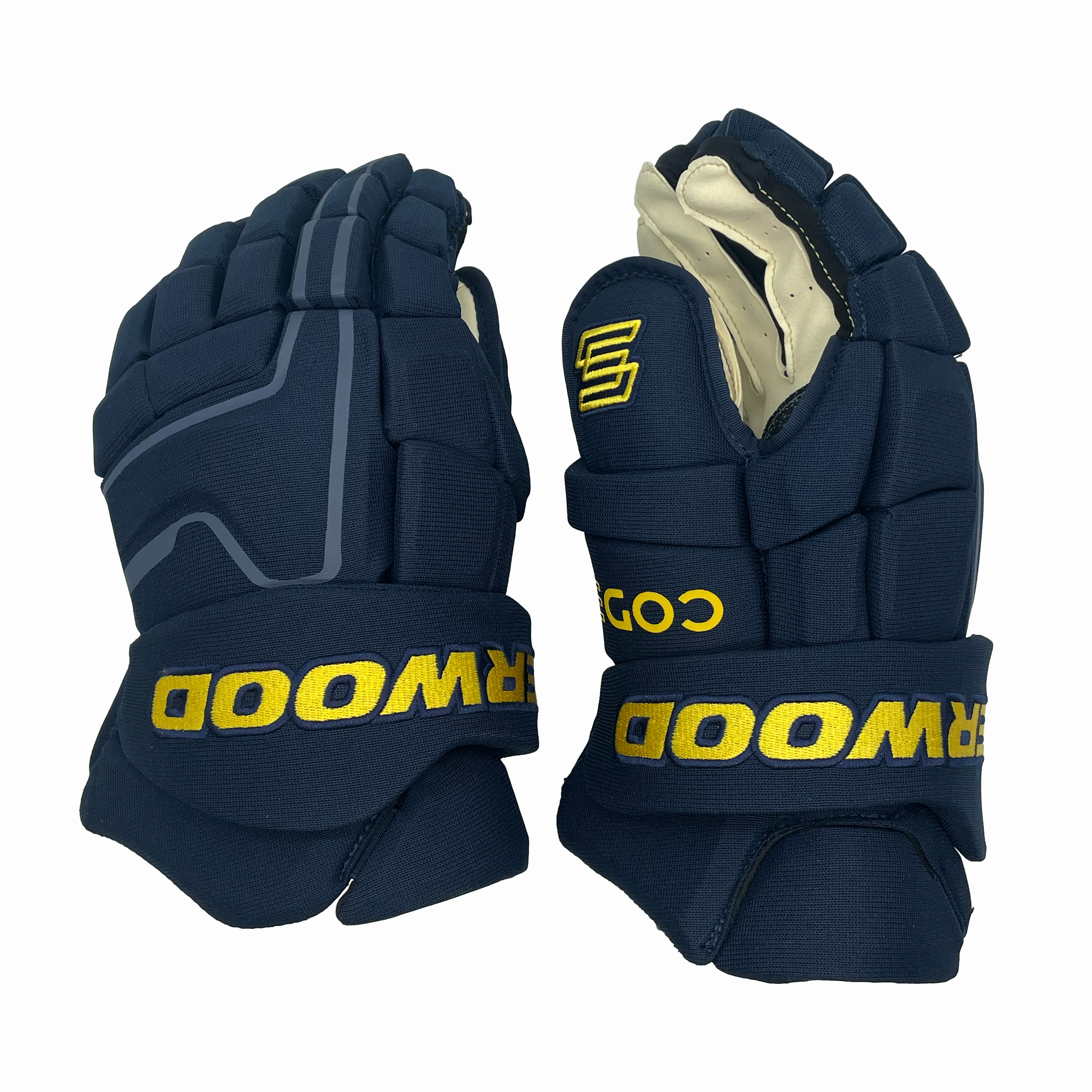 Sherwood Code Encrypt Pro – Gants NHL Pro Stock – Équipe de Suède Tournoi des 4 Nations (bleu marine/jaune)